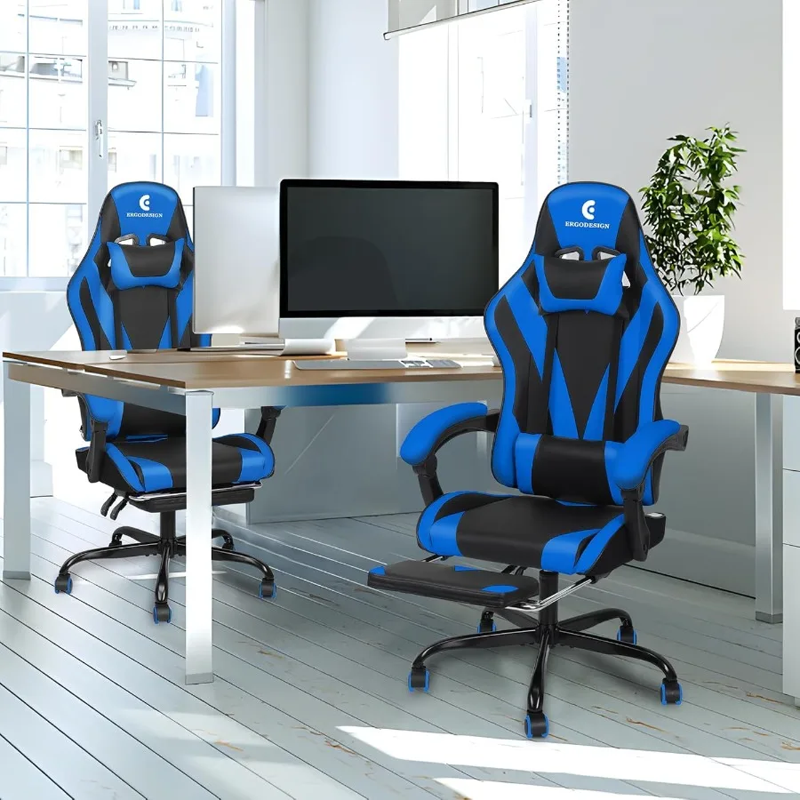 كرسي ألعاب مع مسند ذراع ربط ومسند للقدمين كرسي ألعاب فيديو عالي الظهر باللون الأسود والأزرق