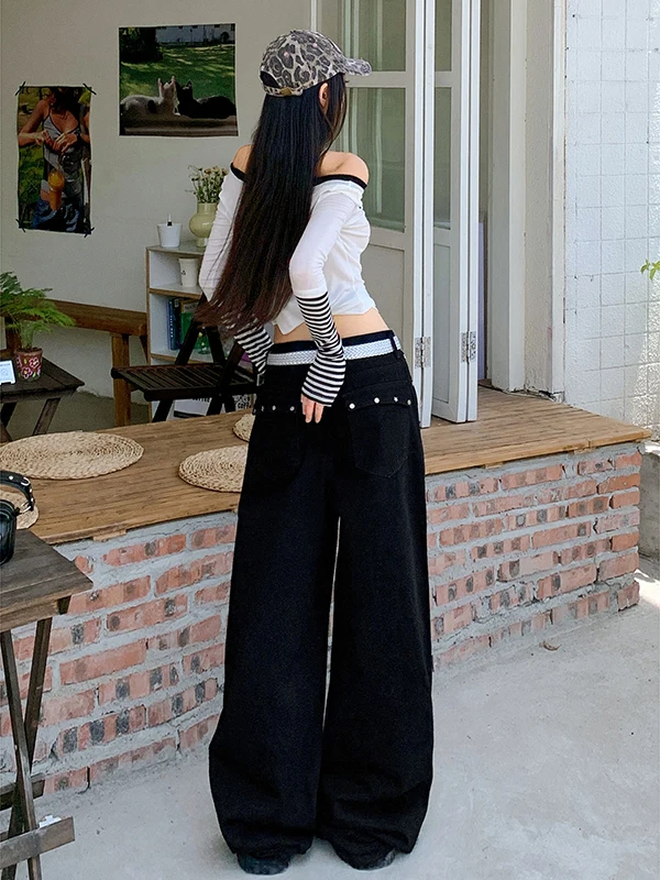 

Ретро-джинсы в американском стиле с заклепками, женские, осенне-зимние, свободные, прямые, широкие брюки с низкой талией, бренд PmOrh