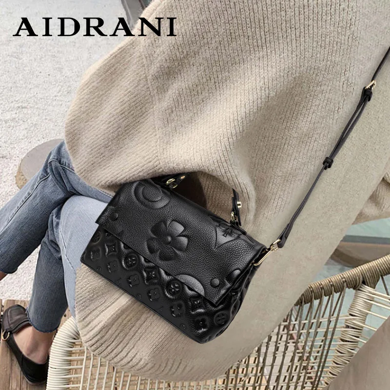 Aidrani The New WOMEN\'S One Shoulder Crossbody Bag Is Made of High-quality Cowhide and Printed with Black Flower Patterns