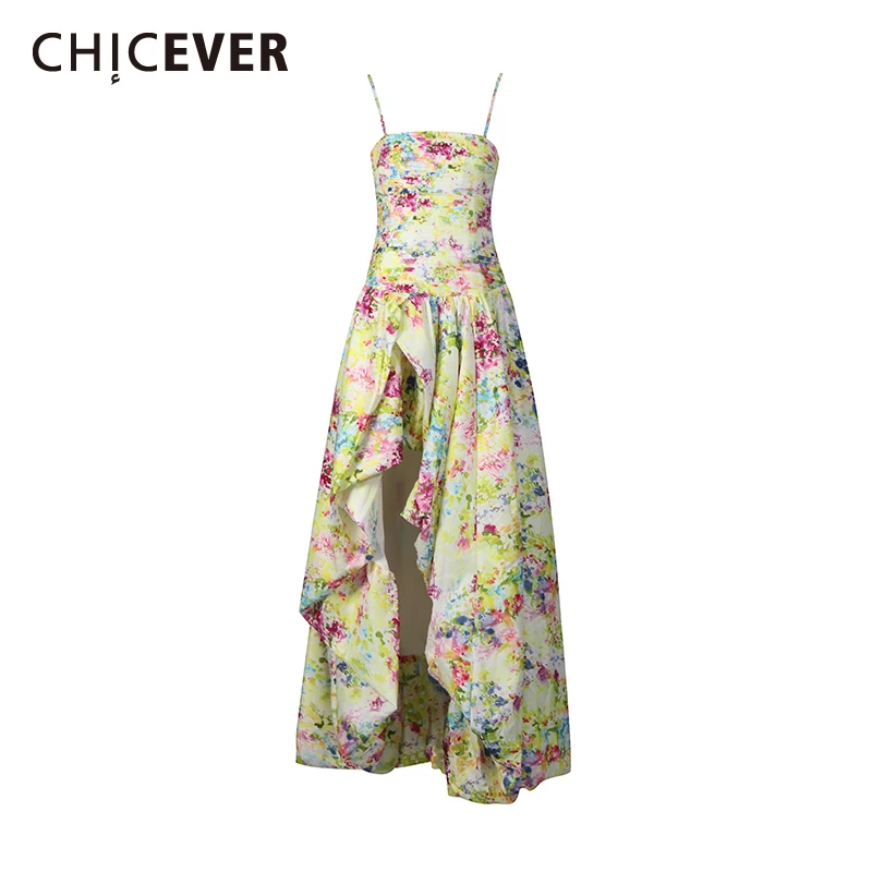 

CHICEVER Hit Color Spliced Printing Irregular Dress Female Square Collar Sleeveless Vacation Romantic Women's Dresses Fashion