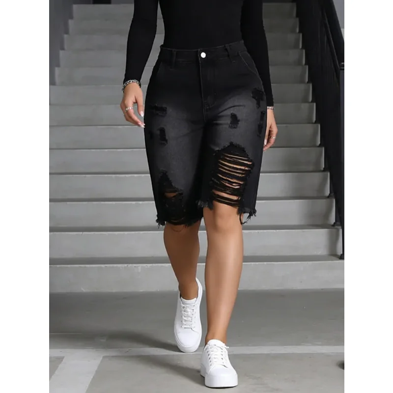 

Women's American Casual Black Non-Stretchy Ripped Loose Fit Versatile Denim Shorts Suitable for Spring And Summer