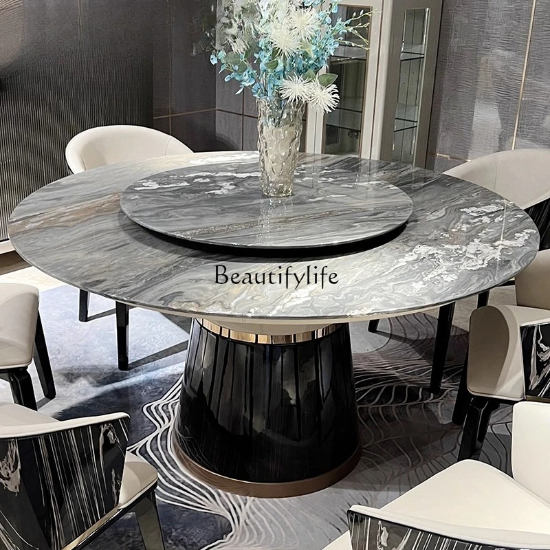 

Italian Style Light Luxury Natural Luxury Stone Large Round Table Simple Modern High-end Dining Table with Turntable