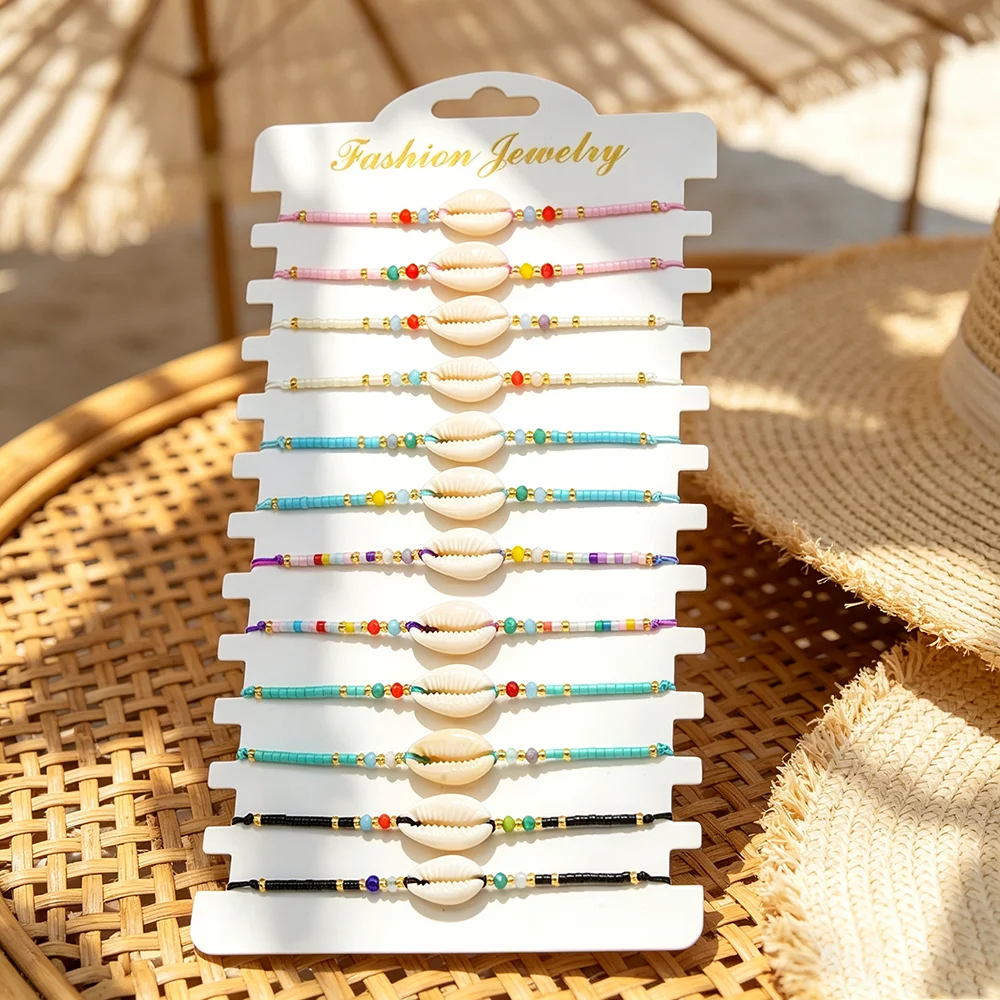 Vacation Style 12Pcs/Set Shell Rope Bracelet Unisex Adjustable Colorful Bohemian Rice Beaded Braslet Casual Beach Couple Joias