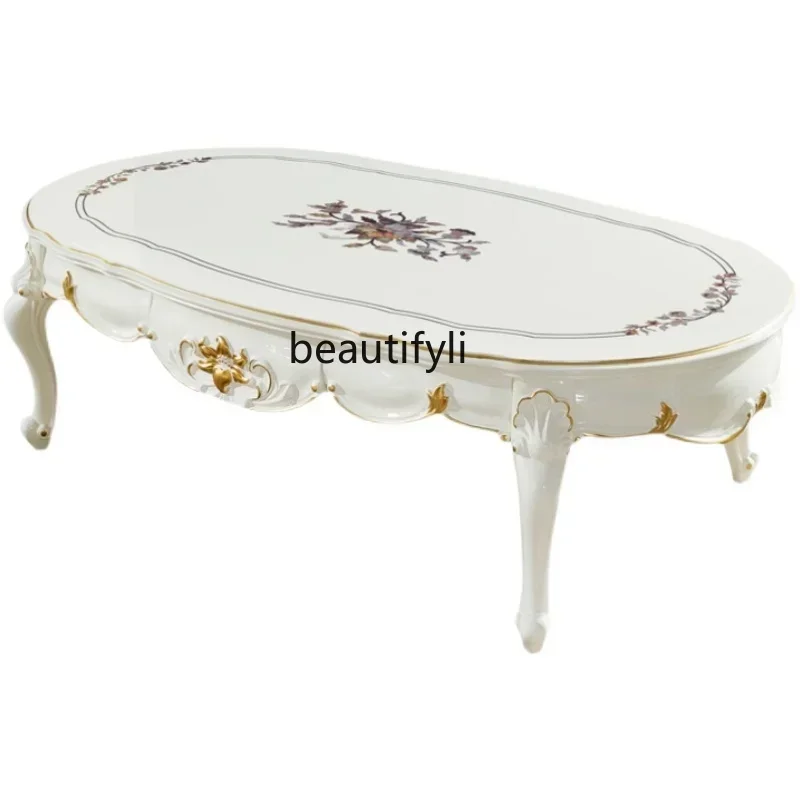 

Solid wood coffee table French engraved oval pearl white paint living room sofa tea table high foot