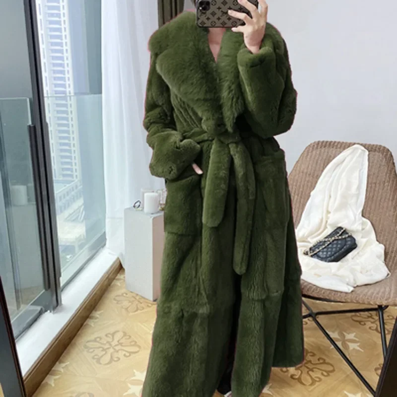2025 New Faux Fur Coat Women's Mid-Length Coat Fashion Loose with Belt Jacket Winter Solid Warm Pockets Outwear Women Clothing