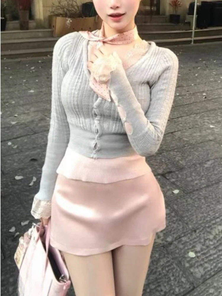 

Spring 2026 Sweet Gentle Ballet Style Three Piece Set Women Short Knit Cardigan + Lace Base Top + Mini Skirt Elegant Outfit New