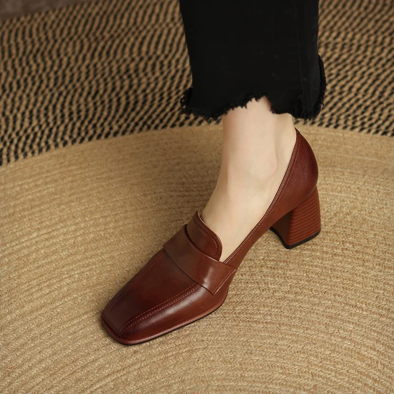 2023 Spring New GENUINE LEATHER Women Shoes LEISURE Women Slip-On Shallow Pumps Square Toe Heels Shoes Women Zapatos De Mujer