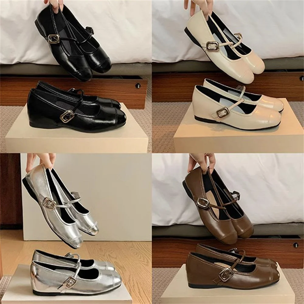 

Summer new round head shallow mouth silver small leather shoes flat inside increase soft sole Mary Jane single shoes women