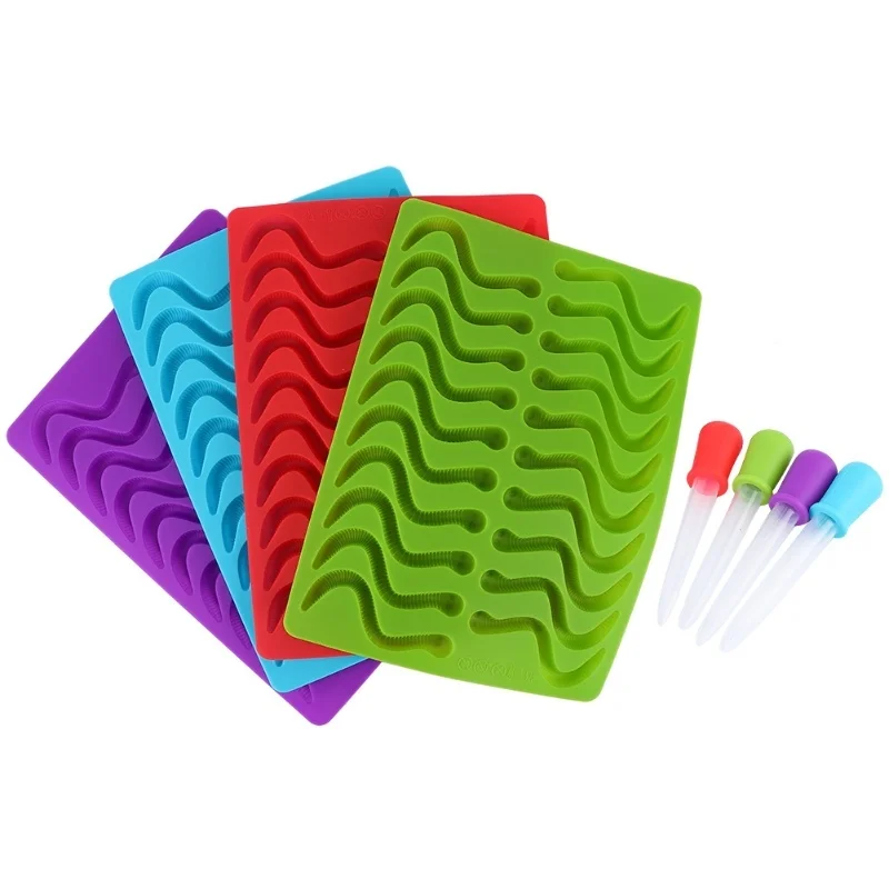 4Pcs Silicone Earthworm Shape Fondant Candy Mold With Dropper Baking Tool Red Blue Green Purple