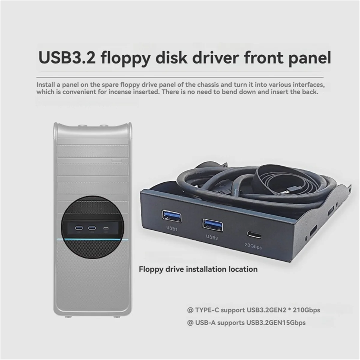 SMIEA USB3.2 GEN2 TYPE-C 3.5-Inch Floppy Front Panel 2 Port USB3.2 + 1 Port USB3.2 Type-C 20Gbps for 3.5 Inch Floppy Drive Bay
