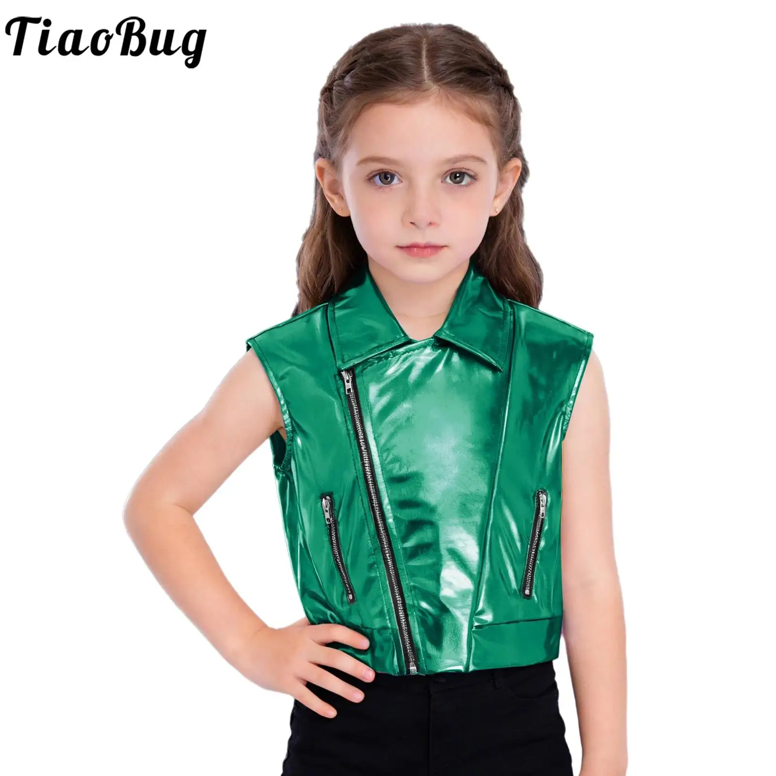 

Детский металлический джазовый диско-жилет для мальчиков и девочек, жилет на молнии без рукавов с отложным воротником для хип-хоп, уличных танцев, сценического выступления