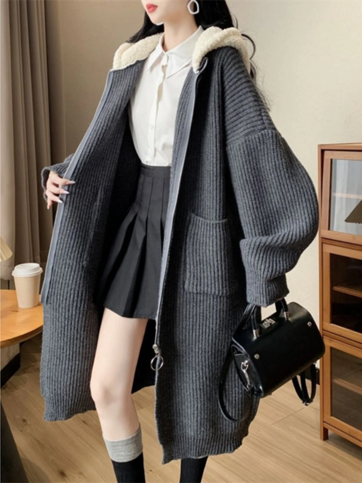 Plus Size Loose Plus size Chubby Girl Autumn and Winter Retro Idle Sle Knit cardigan Women Mid-Length New Hood Sweater Outerwear