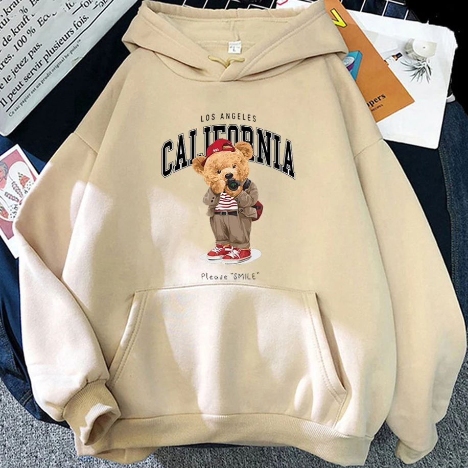 

Fashion Women Travel Photographer Bear Print Breathable Top Loose Casual Classic Designed Unisex Hoodie Street Harajuku Clothing