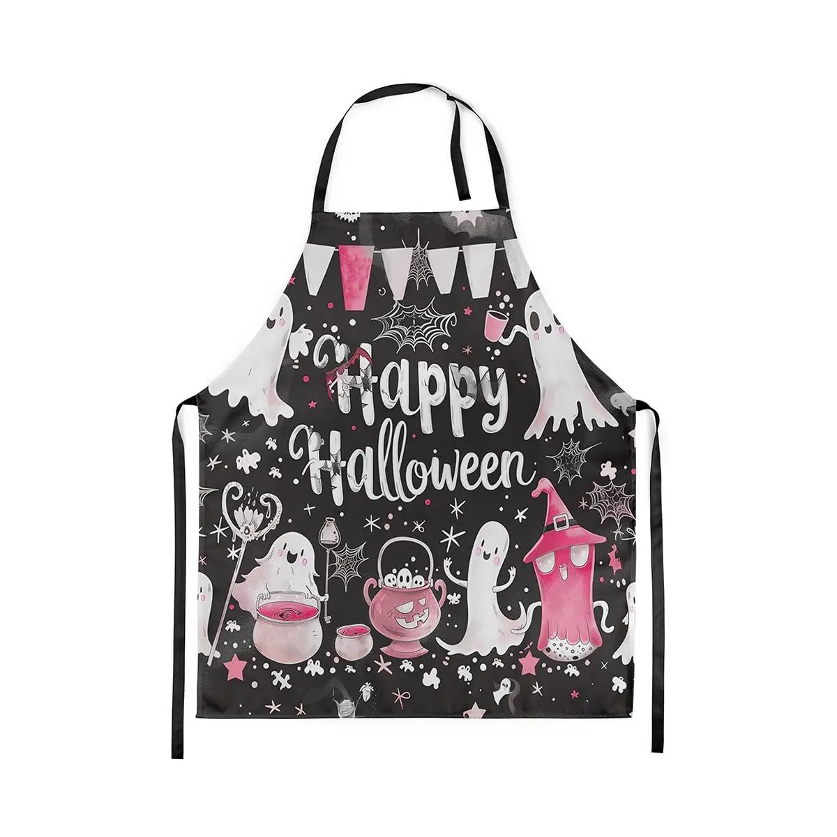 

Happy Halloween Kitchen Apron Cartoon Cute Hippie Ghost Waterproof Apron for Adults Watercolor Flag Spider Graffiti Apron