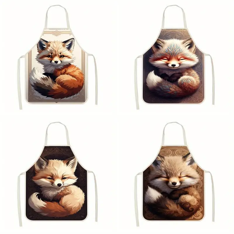 

Cute Fox Digital Prints Linen Apron, Suitable For Kitchen Cooking, Parent-Child Interaction, Painting And Other Scenarios