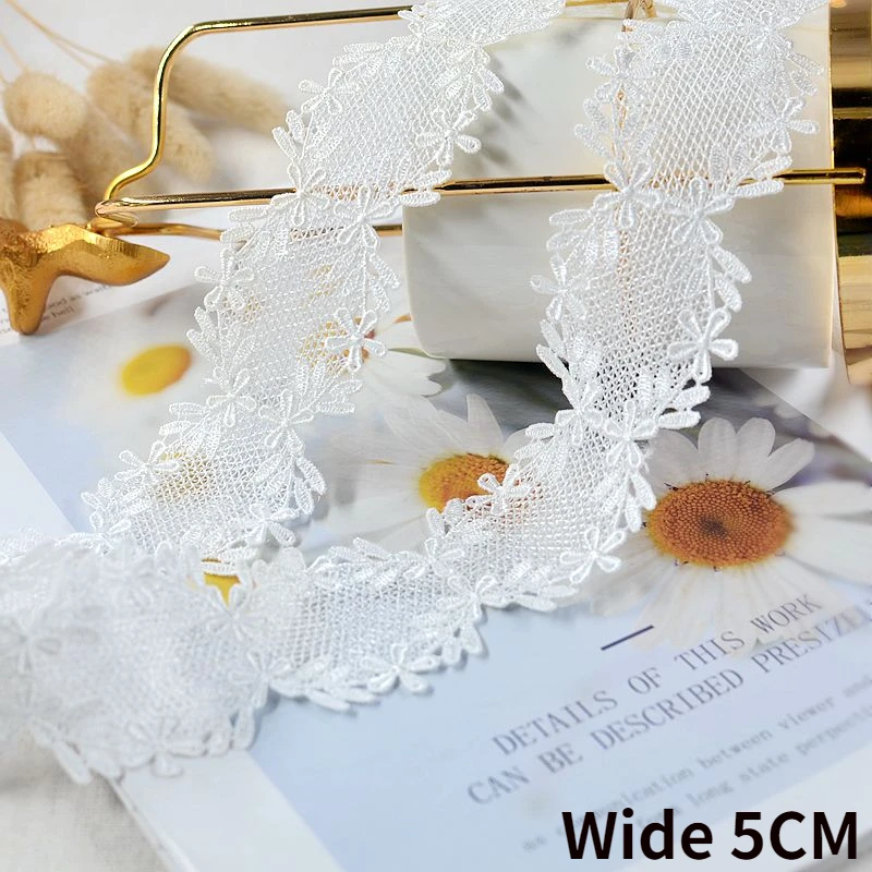 5CM Wide White Cotton Polyester 3d Flowers Lace Collar Neck Trim Embroidery Fringe Ribbon Wedding Dress Applique Sewing Decor