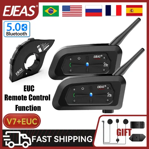 EJEAS V7 헬멧 인터폰 오토바이 EUC 원격 제어 전이중 인터콤 블루투스 5.1 헤드셋 7명 라이더 방수