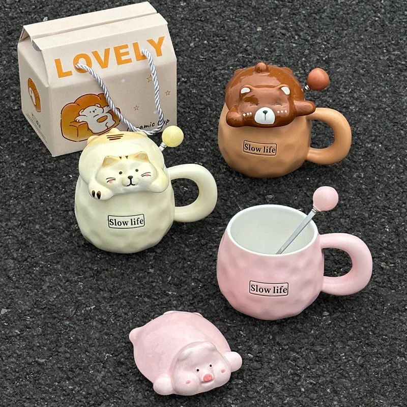 

Cute Cat Bear Ceramic Mug with Lid Spoon, Birthday Gift Box Set, High-value Coffee Mugs, Breakfast Milk Cups,Couple Water Cup