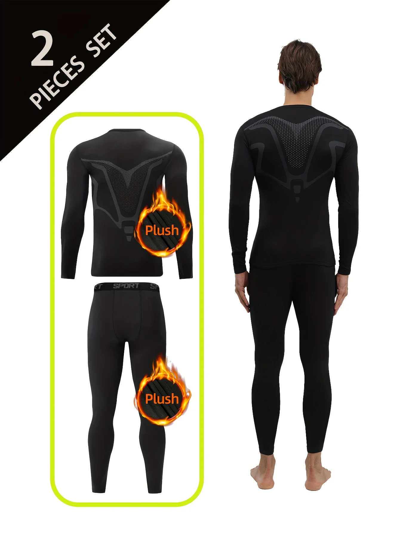 2-piece autumn and winter printed men's thermal underwear set, gym running exercise, warm, breathable and elastic