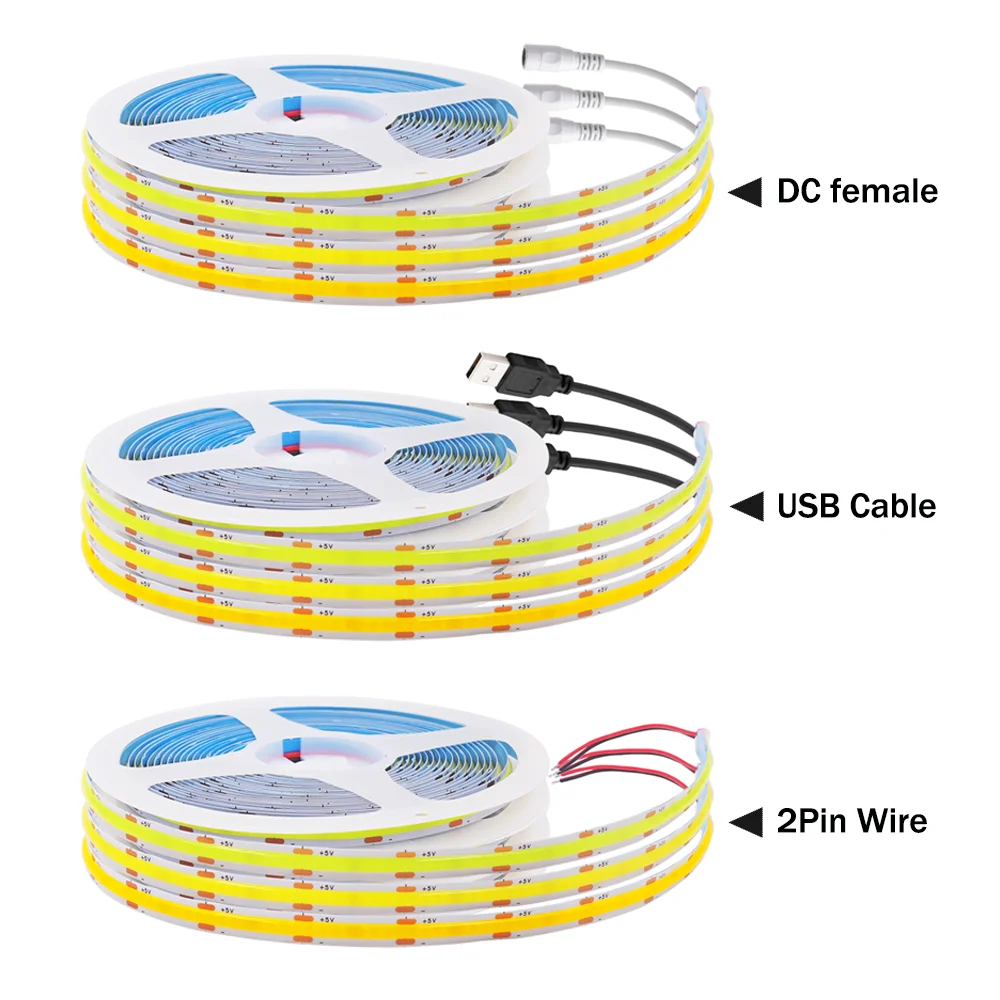 Dc 5v tira cob 8mm 320leds/m fita flexível diodo luz ra90 linear iluminação interna lâmpada sala diy tv backlight decoração da parede