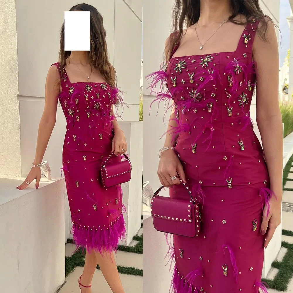 Customized Party Dress Spaghetti Strap Square Neck Sheath Feathers Prom Gown Sexy Backless Evening Dresses Rhinestone فساتين الح