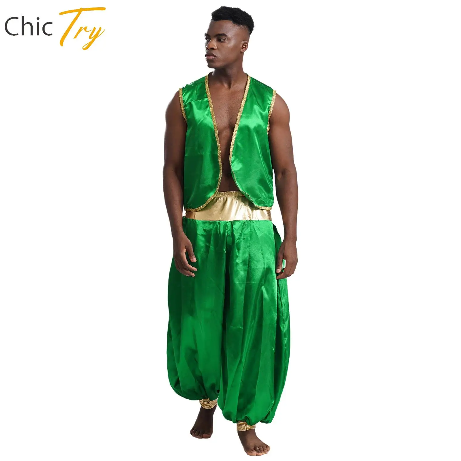 

Mens Halloween Arabian Prince Role-playing Costume Fairy Tales Shows Indian Arabian Cosplay Costume Open Front Curved Vest+Pants
