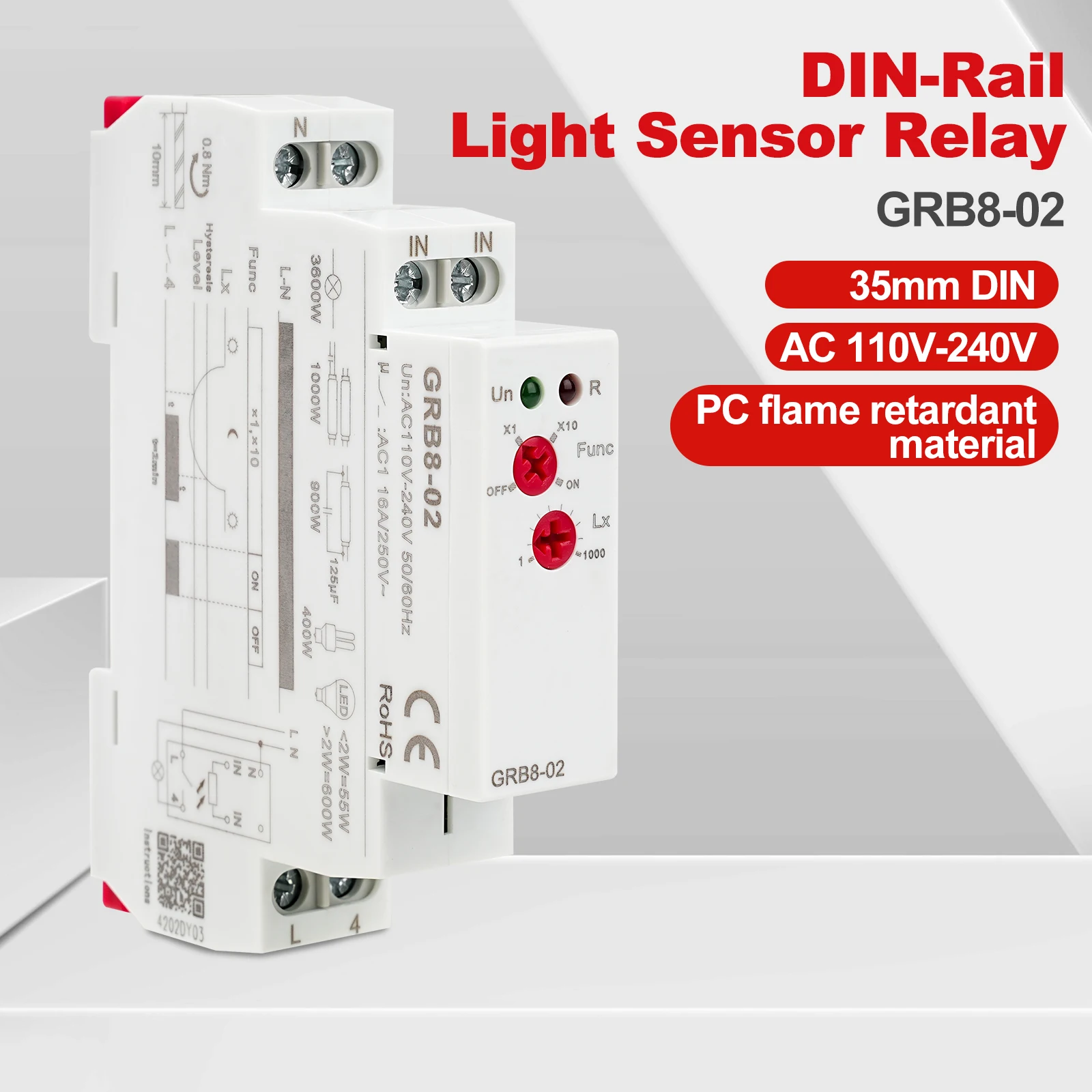 

GRB8-02 DIN Rail Twilight Switch Photoelectric Timer Light Sensor Relay AC110V-240V Auto ON OFF Light Sensor Relay Contactor