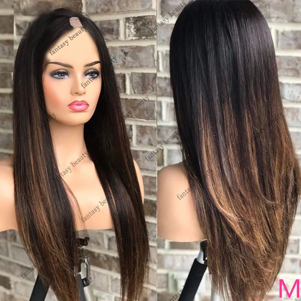 

Glueless Ombre Dark Brown U Part Human Hair Wigs Black Roots Silky Straight V Part Middle/Left/Right Wigs 250density Full End