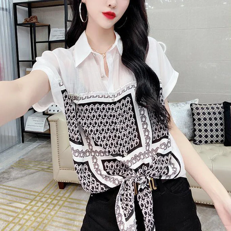 Korean Casual Chiffon All-match Blouses Summer New Style Fashion Printing Lacing Short Sleeve Shirt 2023 New Women\'s Clothing