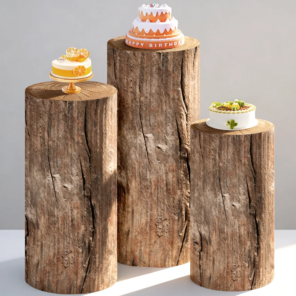 

Natural Wood Log Cylinder Pedestal Cover Set Rustic Forest Wedding Backdrop Baby Shower Birthday Party Cake Display Stand