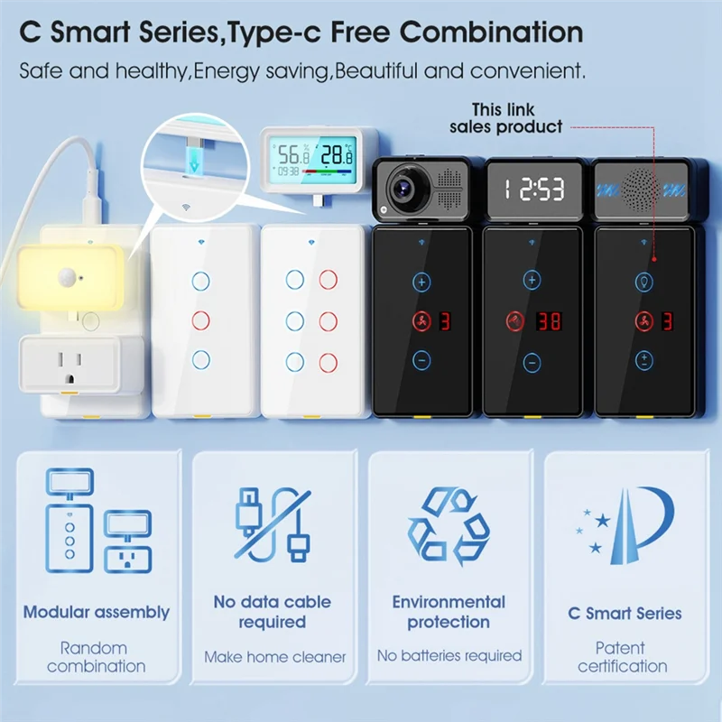 

CABE-Smart Home Wi-Fi Вентилятор Выключатель света Настенный пульт дистанционного управления с приложением Tuya Голосовая сенсорная панель с американской вилкой Черный