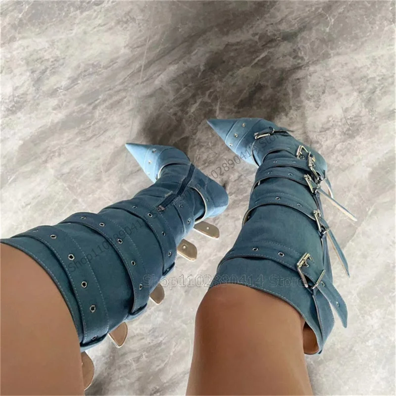 Blue Denim Buckle Decor Pointed Toe Boots Side Zipper Women Shoes Thin High Heels Novel Fashion Party 2023 Zapatos Para Mujere