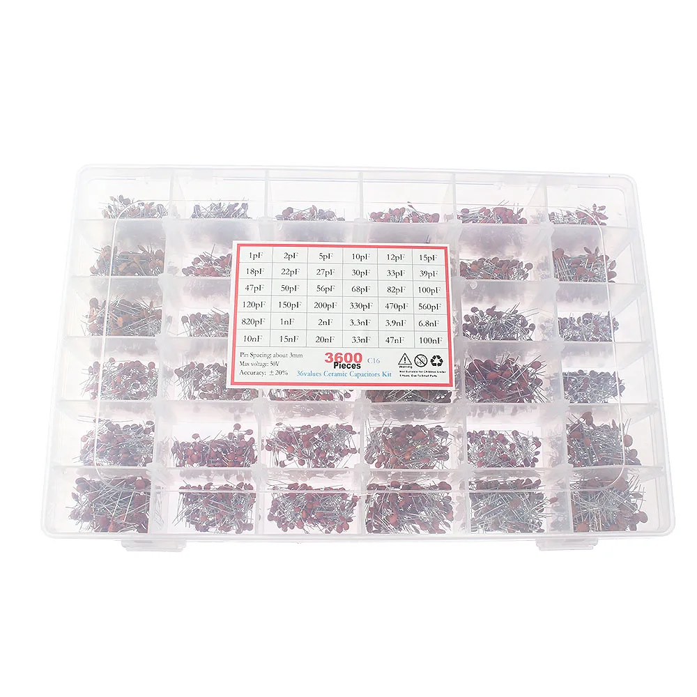 3600pcs 36 Values Ceramic Capacitor Assortment Kit 1PF-100nF 10PF 22PF 33PF 47PF 100PF 330PF 470PF 1NF 10NF 47NF 50V Capacitors