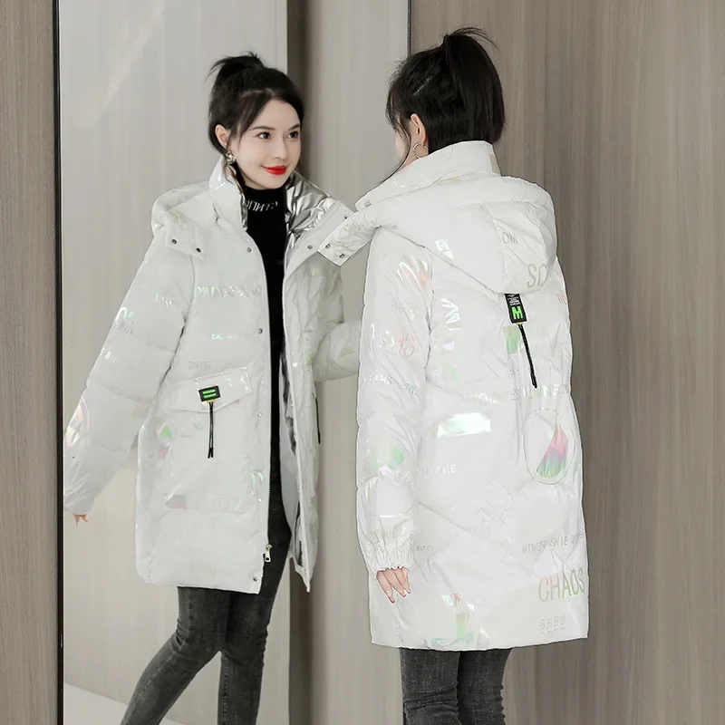

Design Sense Glossy Warm Cotton Padded Clothes Loose Winter Jackets Mid Long Styles 3D Pocket Windproof Cuff Coats Women Parkas