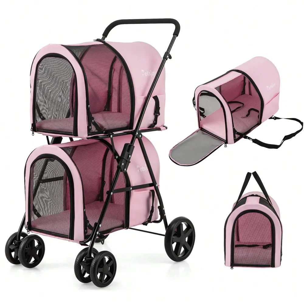 

4In1 Double Pet Stroller W Detachable Carrier Travel Carriage For Cats