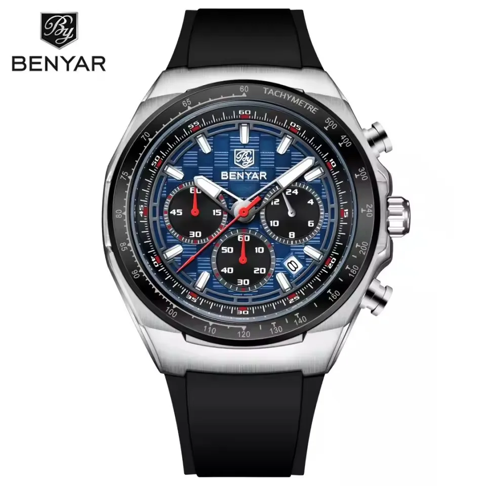 

BENYAR 5215 модные кварцевые часы для мужчин, многофункциональные водостойкие силиконовые ремешки с календарем, светящиеся спортивные мужские наручные часы