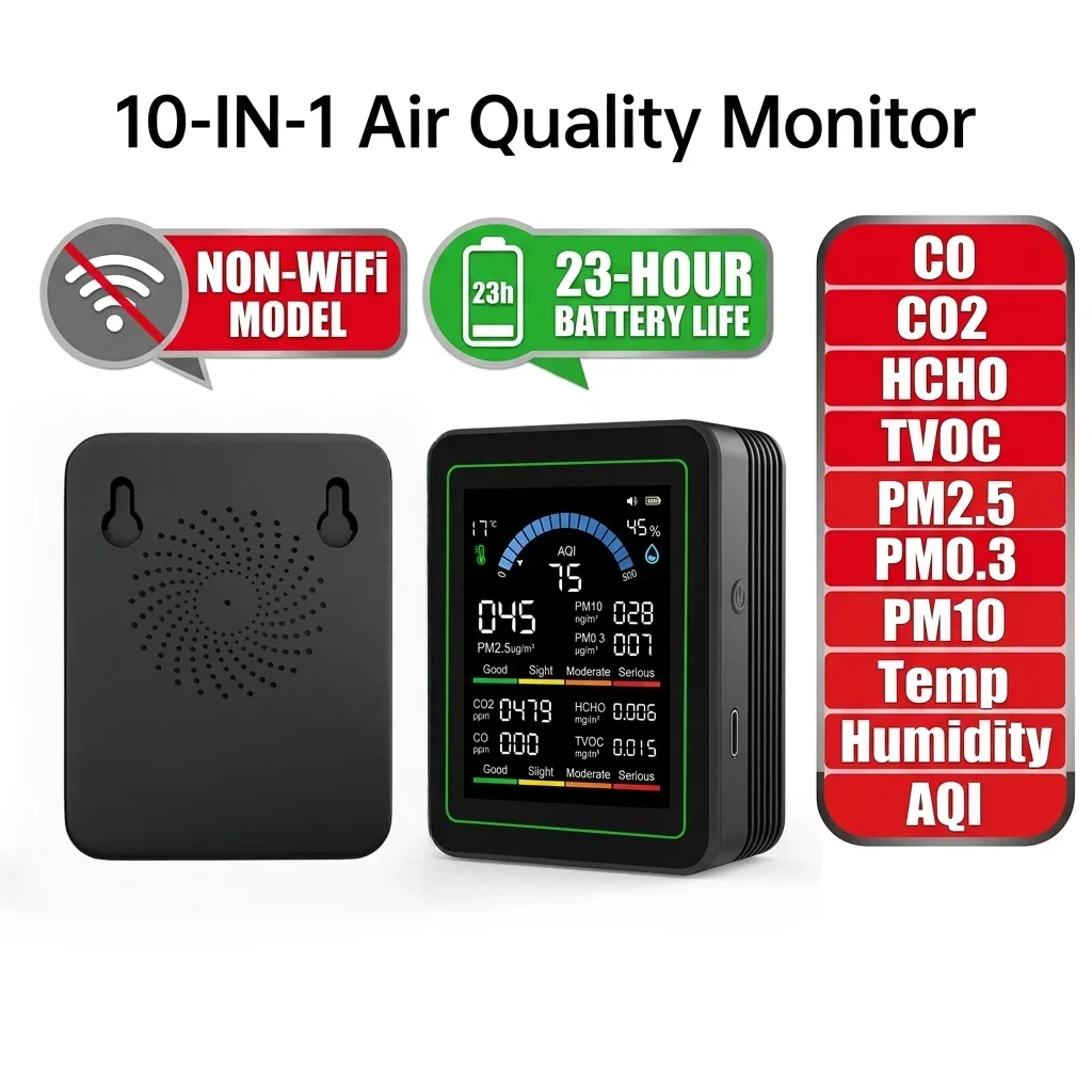 

home Non-WiFi 10-in-1 Air Quality Monitor CO CO2 Meter PM2.5 PM0.3 PM1.0 Formaldehyde Detector Temperature and Humidity Tester