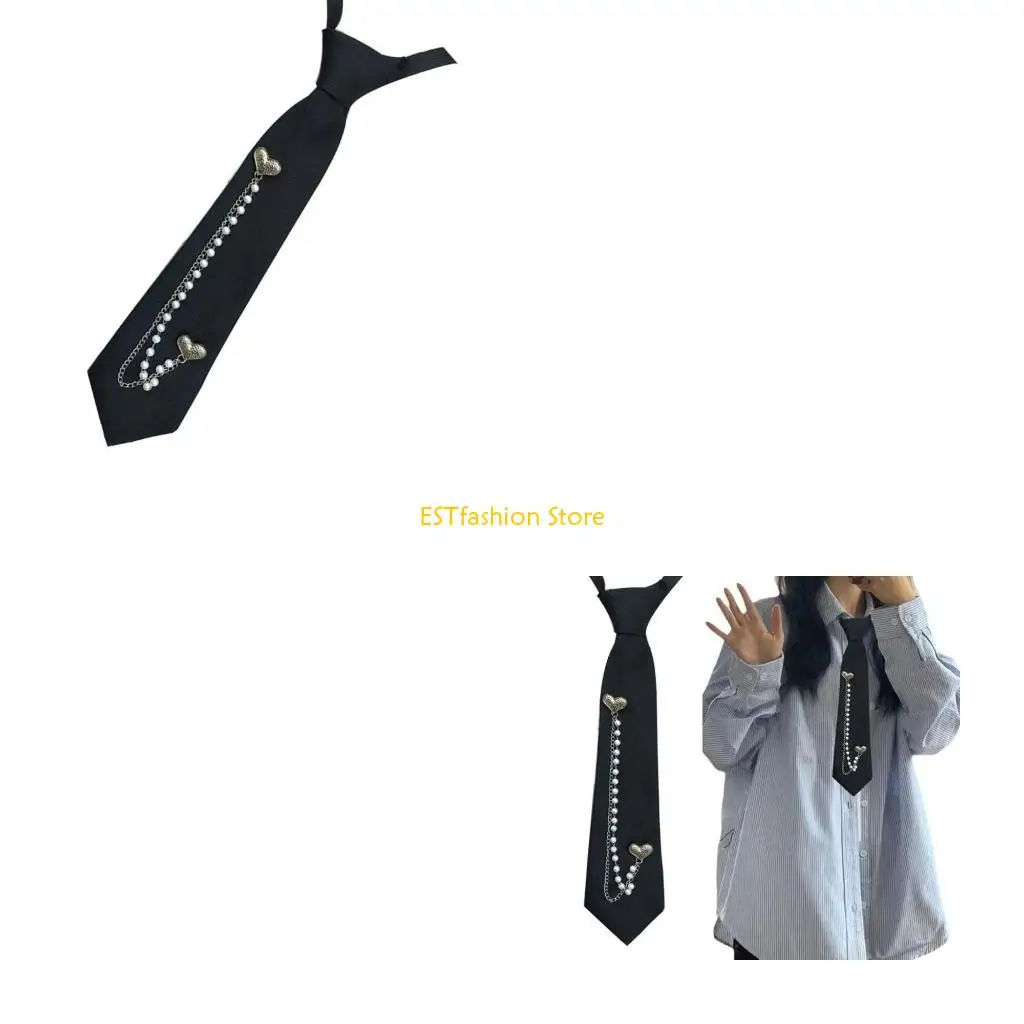

Y5GC Панк-сердце с бусинами-цепочкой Школьный галстук Студенты Униформа Регулируемый предварительно завязанный галстук