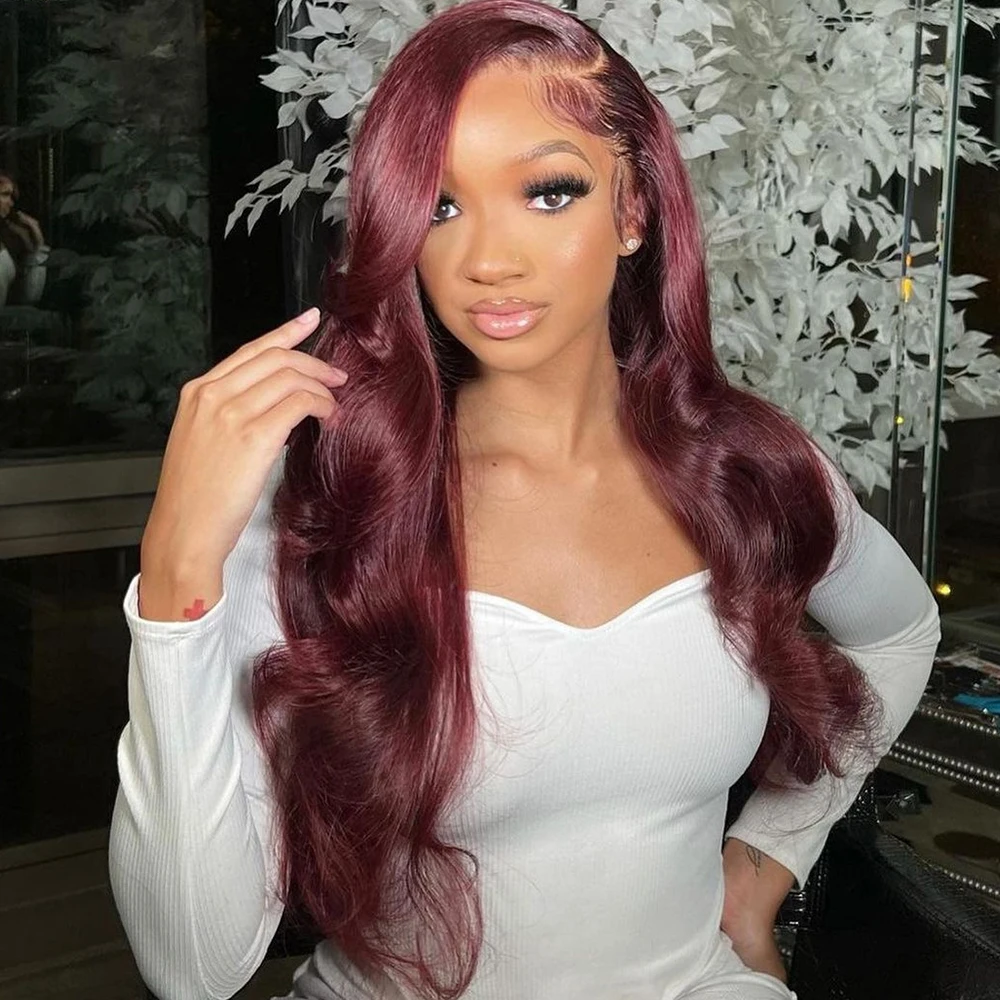 

99J Burgundy 180 Density 13x6 Lace Frontal wigs Human Hair Body Wave 30 34Inch 13x4 Lace Front Wig HD Transparent Wine For Women