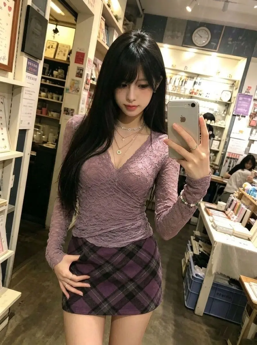Pure Desire New Cross V-neck Long Sleeve Purple Lace T-shirt Women's Slim Fit Top Sexy Style City Walk Suitable for Autumn