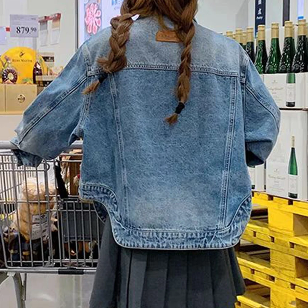 Blue washed denim jacket for women's small spring and autumn new fashion versatile irregular denim casual top