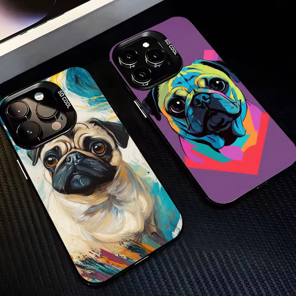 

Cartoon Art Pug Dog Phone Case For iPhone17,16,15,14,13,12,Pro Max Black Colored Silver Plated Inside Cover