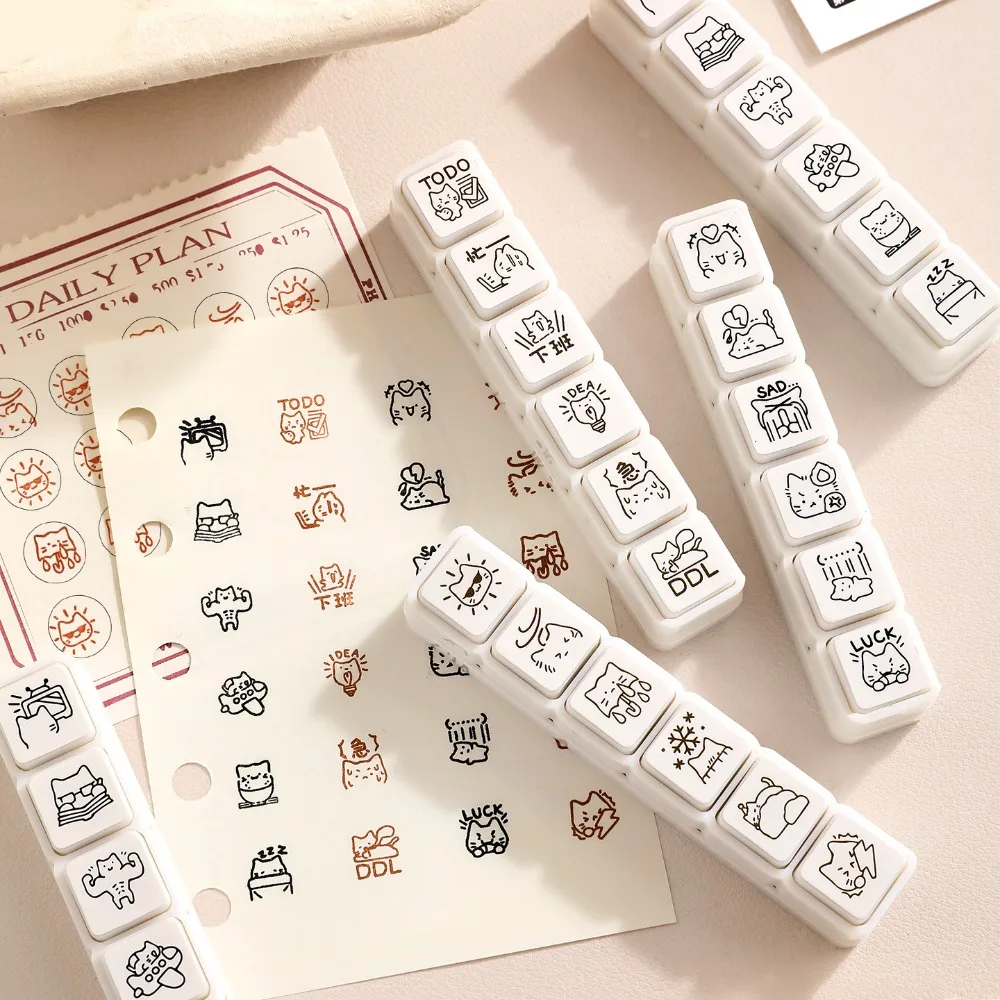 Cute Good Mood Series Cat Shape Stamp Mini DIY Cartoon Pattern Stamps Simple 6 Lines Diary Stamp Notebook Scrapbooking Decor - view 3
