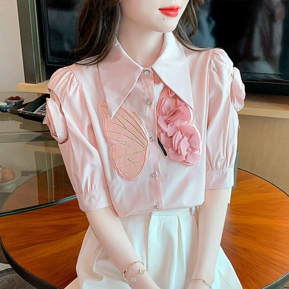 Fashion 3D Flower Blouse For Women 2024 Summer New Short Bubble Sleeve Chiffon Shirt Ladies Sweet Pink Slim Tops Female Trend