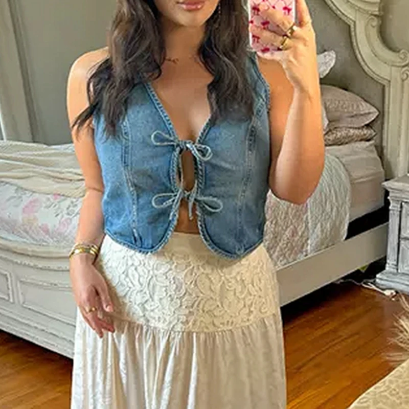 

Combhasaki Women Y2K Vintage Denim Cropped Tank Tops Front Bow Tie-Up Split V-Neck Waistcoat Summer Sleeveless Vests Streetwear
