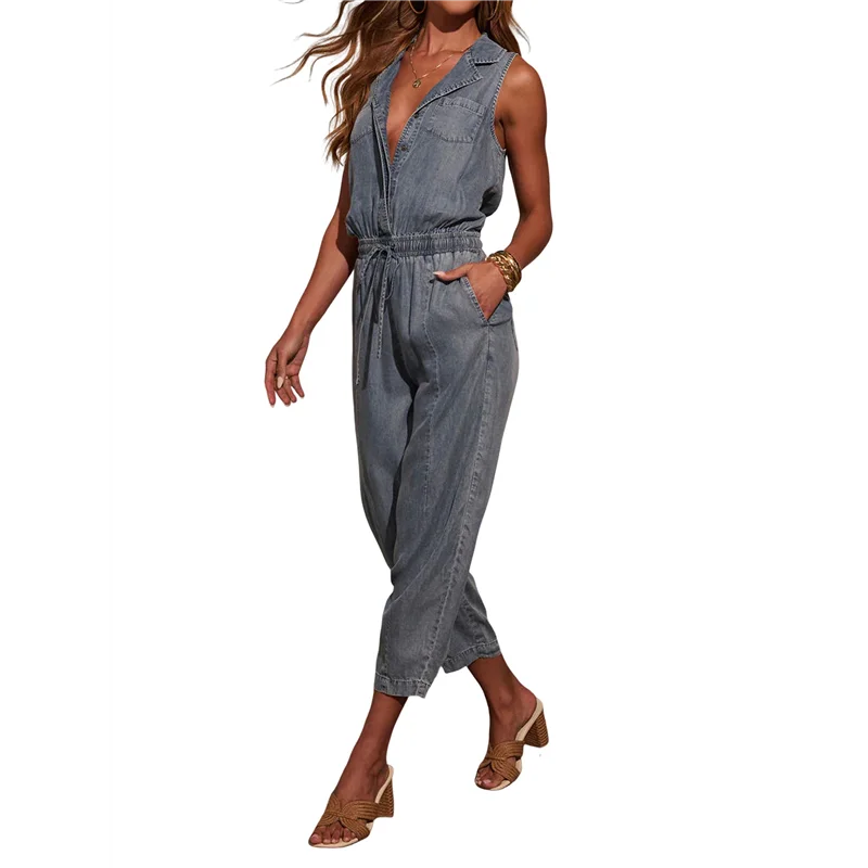 

Women's Denim Scoop Neck Sleeveless Drawstring Waist Jumpsuits Overall Rompers