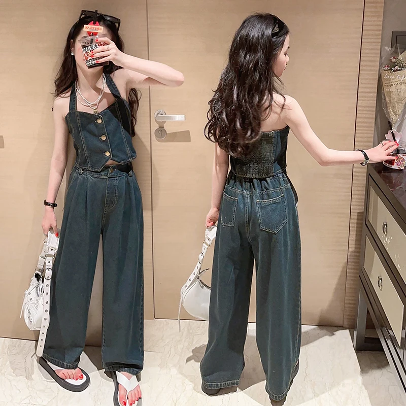 

summer designer teen girls clothes sets Denim camisole vest+wide leg pants 2pcs 8 10 12 kids suit vetement fille childer outfits