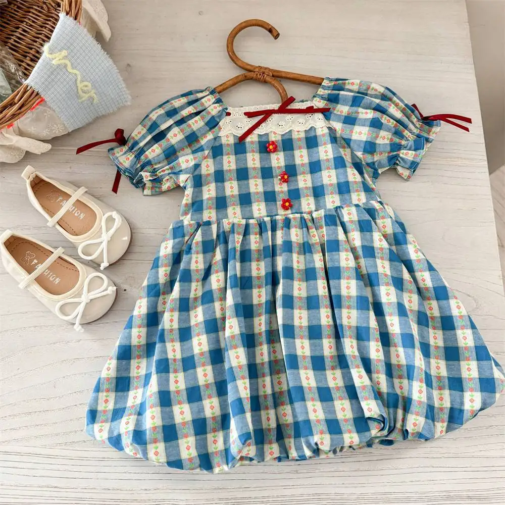 

Girls' Short Sleeved Dress Summer New Children's Blue Checkered French Floral Bud Dress