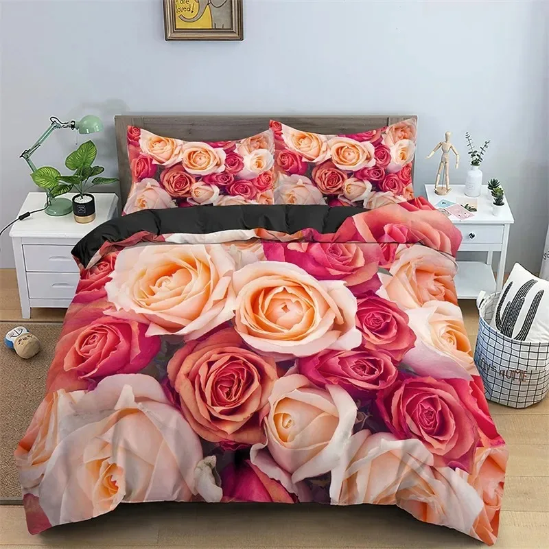 Floral Duvet Cover Set Full Size 3D Red Rose Bedding Set Microfiber Romantic Flowers Quilt Cover Wedding Valentine's Day Decor