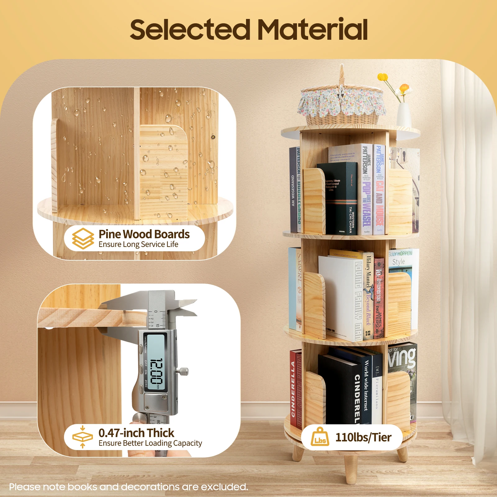 3-stufiges Bücherregal aus Holz, drehbarer Bodenständer, multifunktionaler Vitrine-Organizer 360 ° Rotierendes Aufbewahrungsregal